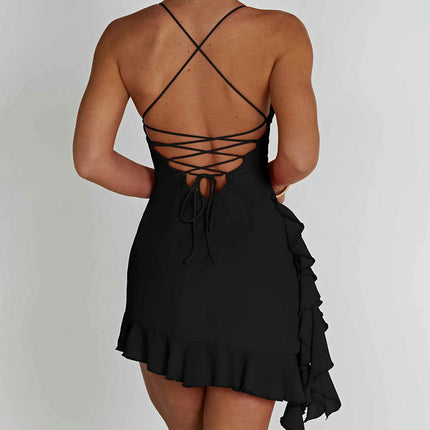 Women's Sexy Sleeveless Spaghetti Strap Cross Backless Ruffle Mini Dress