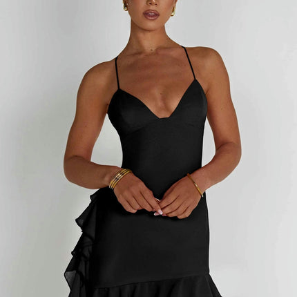 Women's Sexy Sleeveless Spaghetti Strap Cross Backless Ruffle Mini Dress
