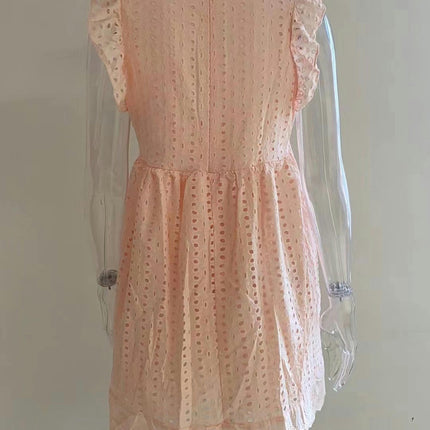 Women's Cap Sleeves V Neck Dress Ruffle Hem A Line Eyelets Mini Dress
