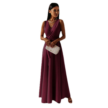 Women's Summer Sleeveless Maxi Dresses V Neck Tie A-Line Flowy Dress