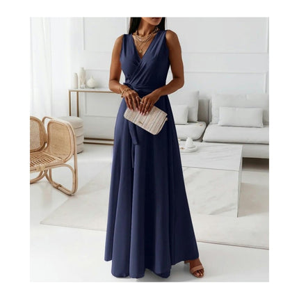 Women's Summer Sleeveless Maxi Dresses V Neck Tie A-Line Flowy Dress