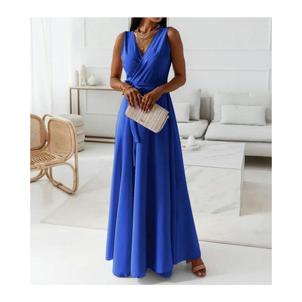 Women's Summer Sleeveless Maxi Dresses V Neck Tie A-Line Flowy Dress