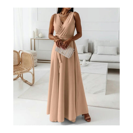 Women's Summer Sleeveless Maxi Dresses V Neck Tie A-Line Flowy Dress