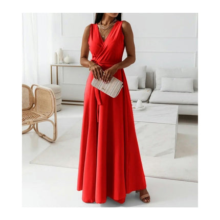Women's Summer Sleeveless Maxi Dresses V Neck Tie A-Line Flowy Dress