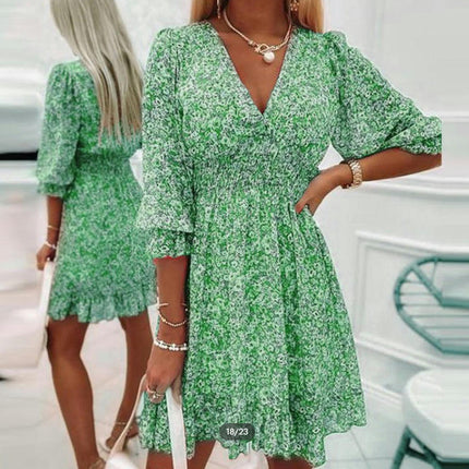 Women's Boho Floral Print Summer Dresses Deep V Neck Puff Sleeve A Line Mini Dress