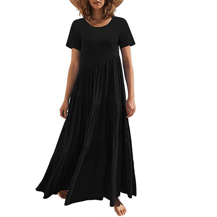 Women's Summer Casual Dresses Short Sleeve Crewneck Flowy Tiered Swing Maxi Dress