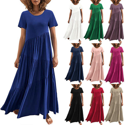 Women's Summer Casual Dresses Short Sleeve Crewneck Flowy Tiered Swing Maxi Dress
