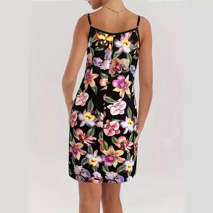 Women's Spaghetti Strap Floral Summer Dresses Sexy V Neck Sleeveless Mini Dress