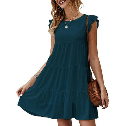 Women's Summer Casual Ruffle Cap Sleeve Crewneck Tiered A Line Mini Dress