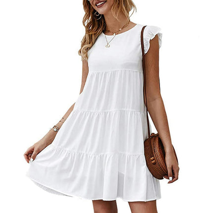 Women's Summer Casual Ruffle Cap Sleeve Crewneck Tiered A Line Mini Dress