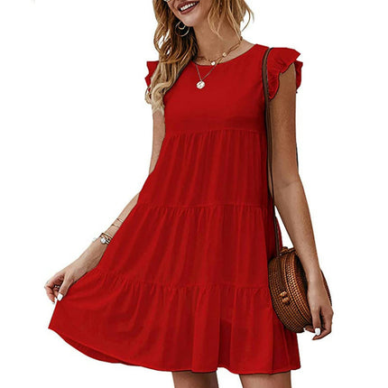 Women's Summer Casual Ruffle Cap Sleeve Crewneck Tiered A Line Mini Dress