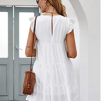Women's Summer Casual Ruffle Cap Sleeve Crewneck Tiered A Line Mini Dress