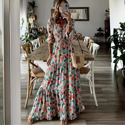 Women's Summer V Neck Long Sleeves Boho Floral Print Tiered Casual Flowy Maxi Dress