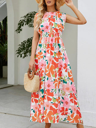 Women's Print Sleeveless Crew Neck Dress Cut Out A Line Summer Maxi Dress