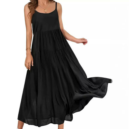 Women Summer Spaghetti Strap Maxi Dress Sleeveless Swing Casual Tiered Long Sundress