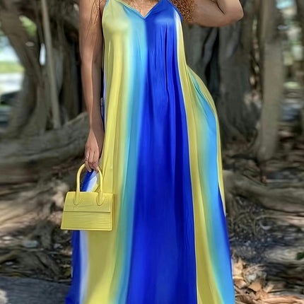 Women Summer Spaghetti Strap Maxi Dress Sleeveless Gradient Color Casual Long Dresses