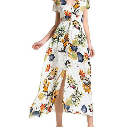 Women's Boho Maxi Dress Casual Short Sleeve V Neck Beach Long Flowy Printed Dresses
