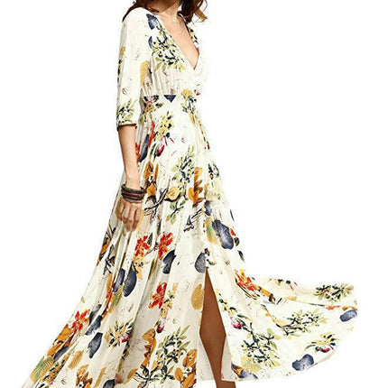 Women's Boho Maxi Dress Casual Short Sleeve V Neck Beach Long Flowy Printed Dresses