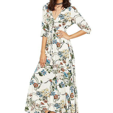 Women's Boho Maxi Dress Casual Short Sleeve V Neck Beach Long Flowy Printed Dresses