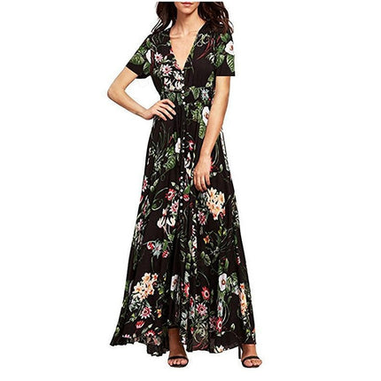 Women's Boho Maxi Dress Casual Short Sleeve V Neck Beach Long Flowy Printed Dresses