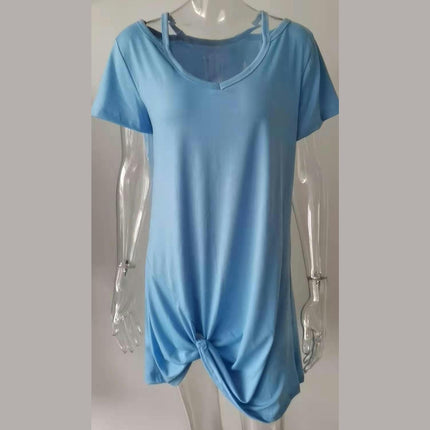 Women's Summer V Neck Casual Short Sleeve Solid Color Twist T-shirt Dress