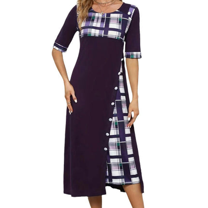 Women's Summer Casual Dresses Crew Neck Short Sleeve Wrap Button Midi Dress