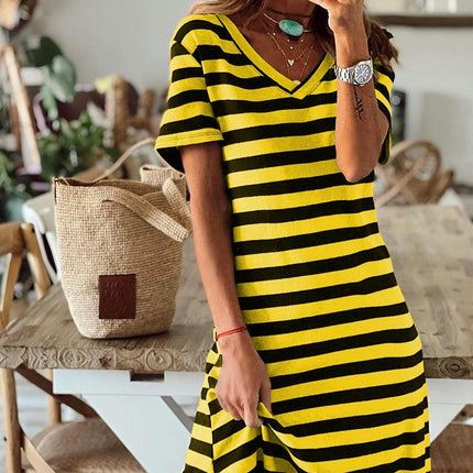 Women's Summer V Neck Dress Casual Short Sleeve Side Slit Striped Long Dresses
