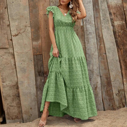 Summer Maxi Dress for Women Casual V Neck Ruffle Sleeve Tiered Flowy Long Floral Dress