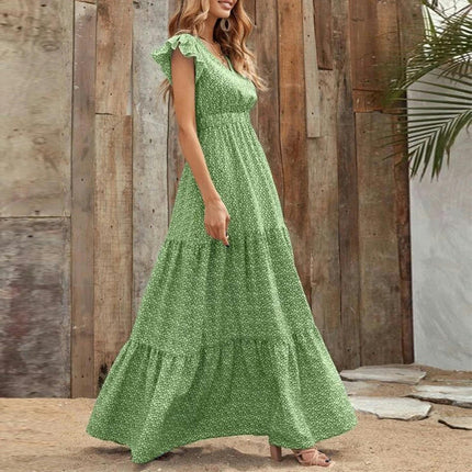 Summer Maxi Dress for Women Casual V Neck Ruffle Sleeve Tiered Flowy Long Floral Dress