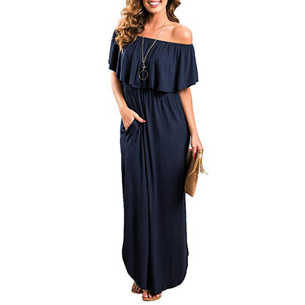 Women's Ruffle Off Shoulder Maxi Dress Sexy Strapless Long Side Slit Dresses