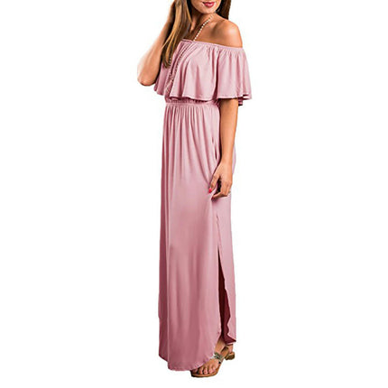Women's Ruffle Off Shoulder Maxi Dress Sexy Strapless Long Side Slit Dresses