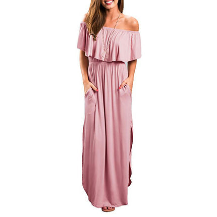 Women's Ruffle Off Shoulder Maxi Dress Sexy Strapless Long Side Slit Dresses
