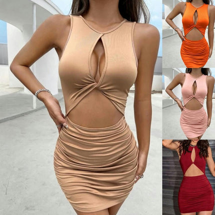 Women's Crew Neck Bodycon Mini Dress Sleeveless Cut Out Ruched Summer Dresses