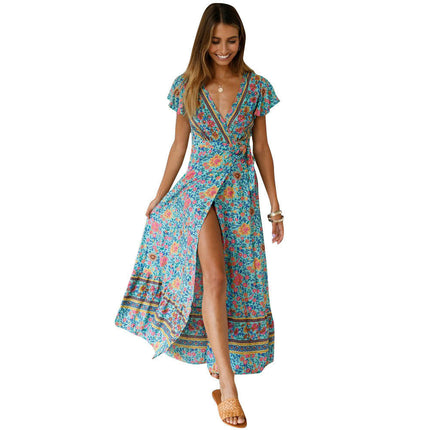 Womens Summer Short Sleeve V Neck Floral Print Casual Tie Slit Maxi Dresses