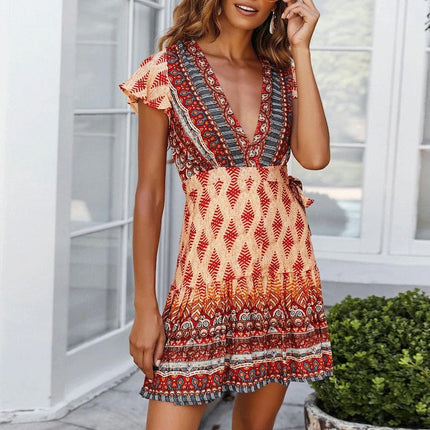 Womens Casual Short Sleeve V Neck Tie Waist Boho Floral Ruffle Hem Mini Dress