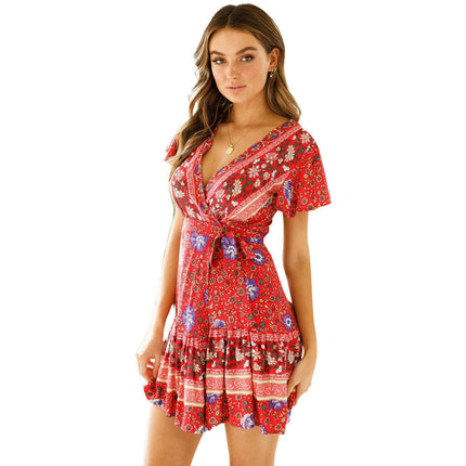 Womens Casual Short Sleeve V Neck Tie Waist Boho Floral Ruffle Hem Mini Dress