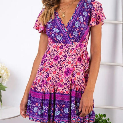Womens Casual Short Sleeve V Neck Tie Waist Boho Floral Ruffle Hem Mini Dress