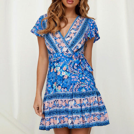 Womens Casual Short Sleeve V Neck Tie Waist Boho Floral Ruffle Hem Mini Dress