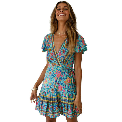 Womens Casual Short Sleeve V Neck Tie Waist Boho Floral Ruffle Hem Mini Dress