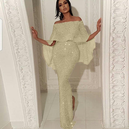 Womens Party Maxi Dress Elegant Sequins Off The Shoulder Ruffle Dress Long Bodycon Dresses