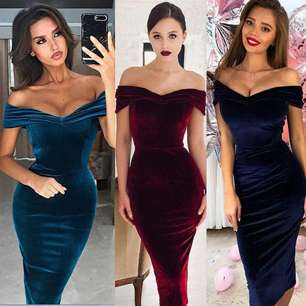 Women Ruched Off Shoulder Dress Bodycon Party Elegant Midi Dresses