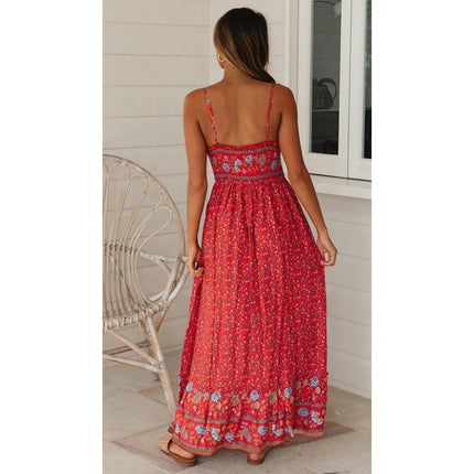 Women's Boho Floral Maxi Dress Flowy Casual V Neck Sleeveless Spaghetti Strap Long Dress