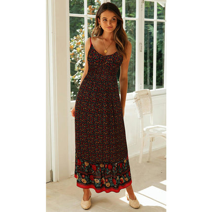 Women's Boho Floral Maxi Dress Flowy Casual V Neck Sleeveless Spaghetti Strap Long Dress