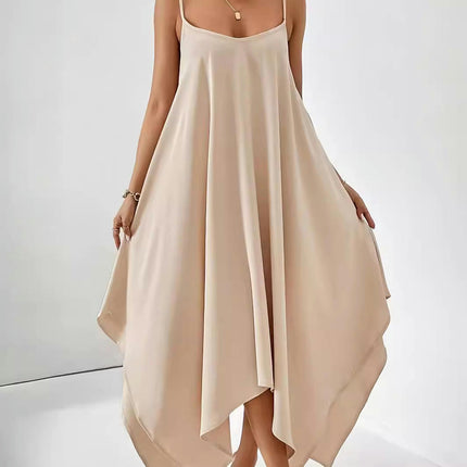 Women's Solid Maxi Dress Summer Sleeveless Spaghetti Strap Long Asymmetrical Hem Dresses
