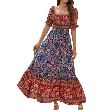 Women Floral Boho Maxi Dress Off Shoulder Puff Short Sleeve Summer Ruffles Flowy Dress