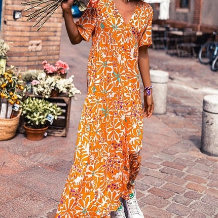 Women's Floral Summer Long Dress V Neck Short Sleeve Ruffle Tiered Boho Swing Maxi Dresses