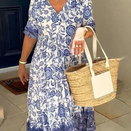 Women's Summer Maxi Dress Casual Boho Floral V Neck Short Sleeve Beach Long Dresses