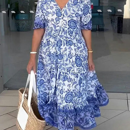 Women's Summer Maxi Dress Casual Boho Floral V Neck Short Sleeve Beach Long Dresses