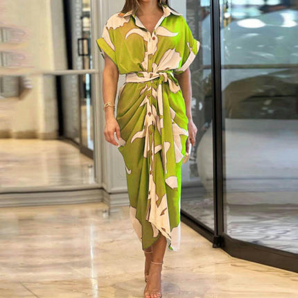 Women's High Waist Printed Lapel V Neck Button Down Casual Shirt Dress