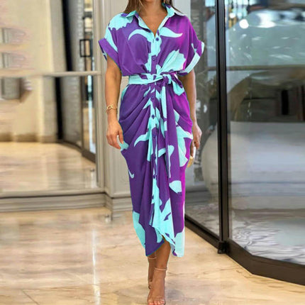 Women's High Waist Printed Lapel V Neck Button Down Casual Shirt Dress